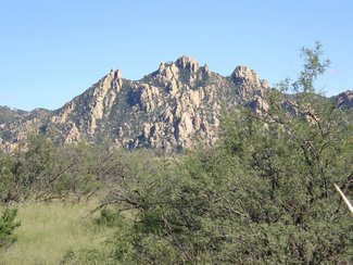 Looking southeast at the Dragoon Mountains with their incredible boulder formations.