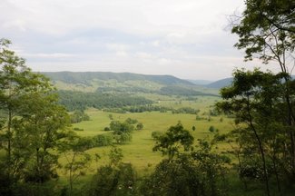 Looking from the mtn. rd. across the Blue Grass Valley to the Vanderpool Gap and Monterey Mtn. The Jackson River runs thru the Gap south and east to the James and on to Richmo